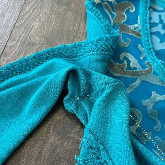 Vtg Cache Silk Cashmere Long Sleeve Shirt Blue Sheer Lace Velvet Blouse Medium - Picture 4 of 9